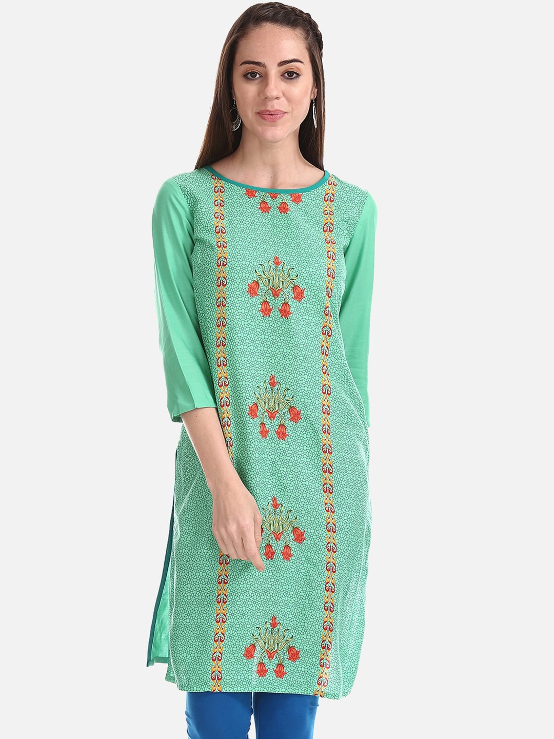 Karigari Women Green & Orange Printed Straight Kurta