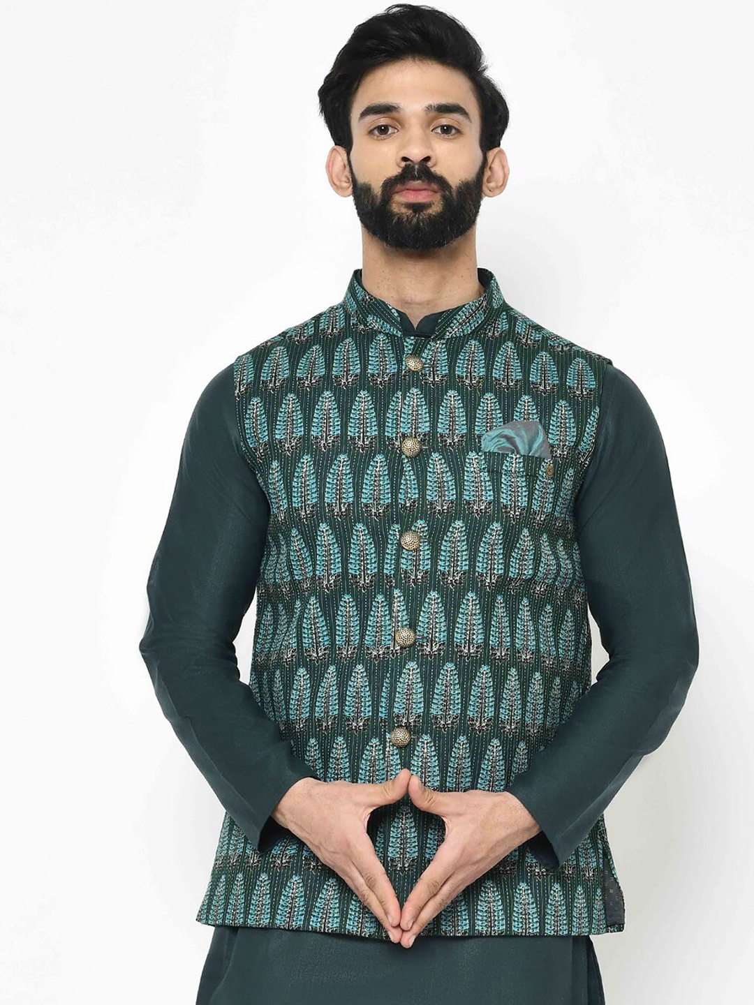 Vartah Men Green & Blue Woven Printed Nehru Jacket
