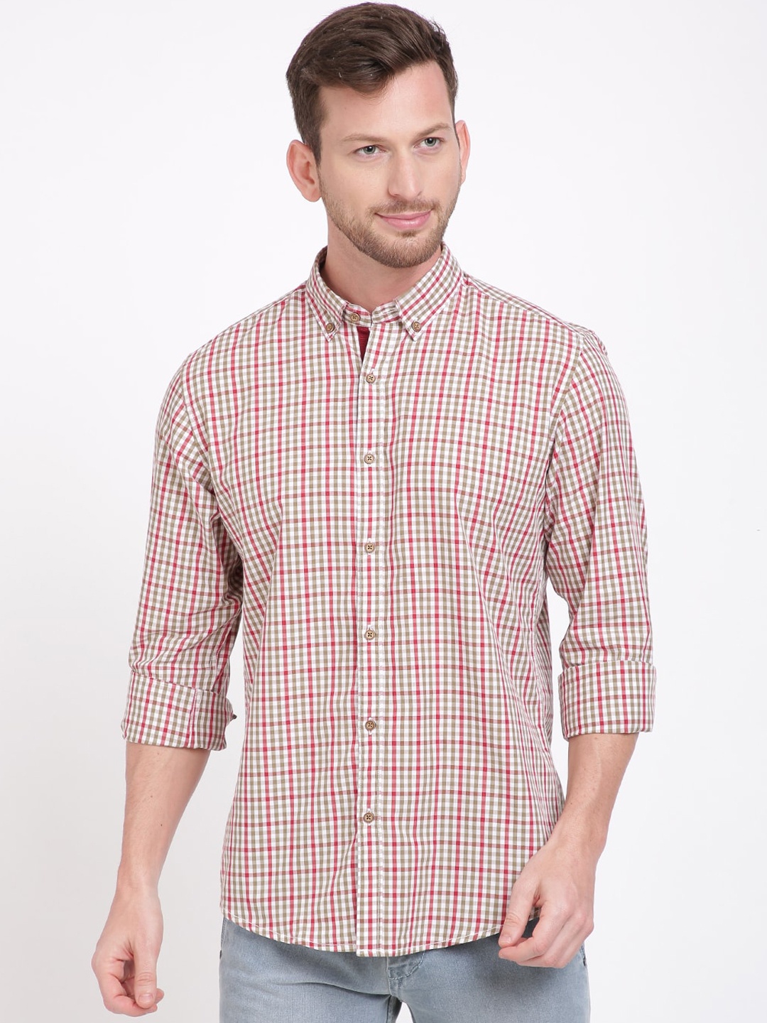 IVOC Men Pink & Beige Slim Fit Checked Casual Shirt