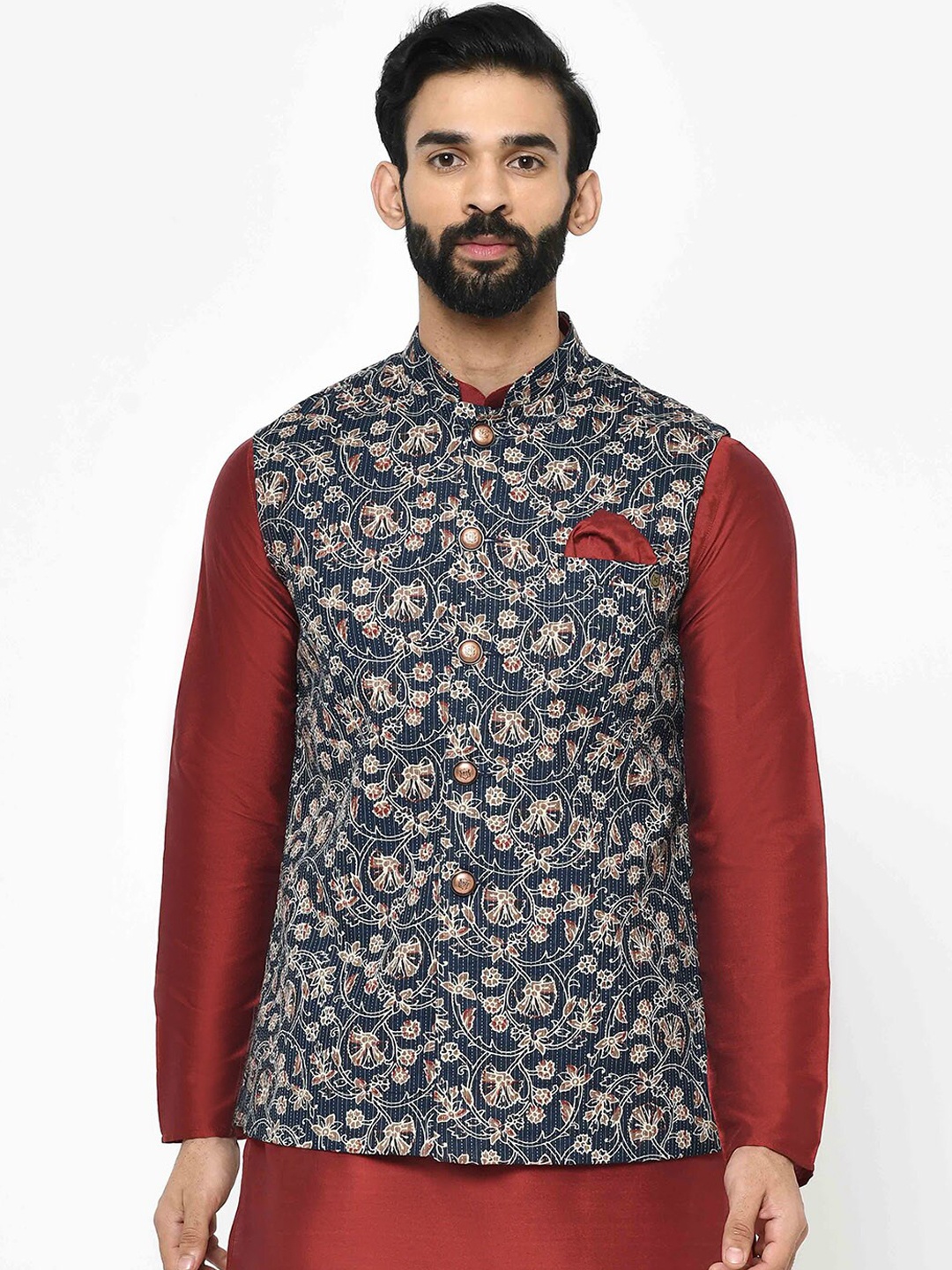 Vartah Men Navy Blue Printed Nehru Jacket