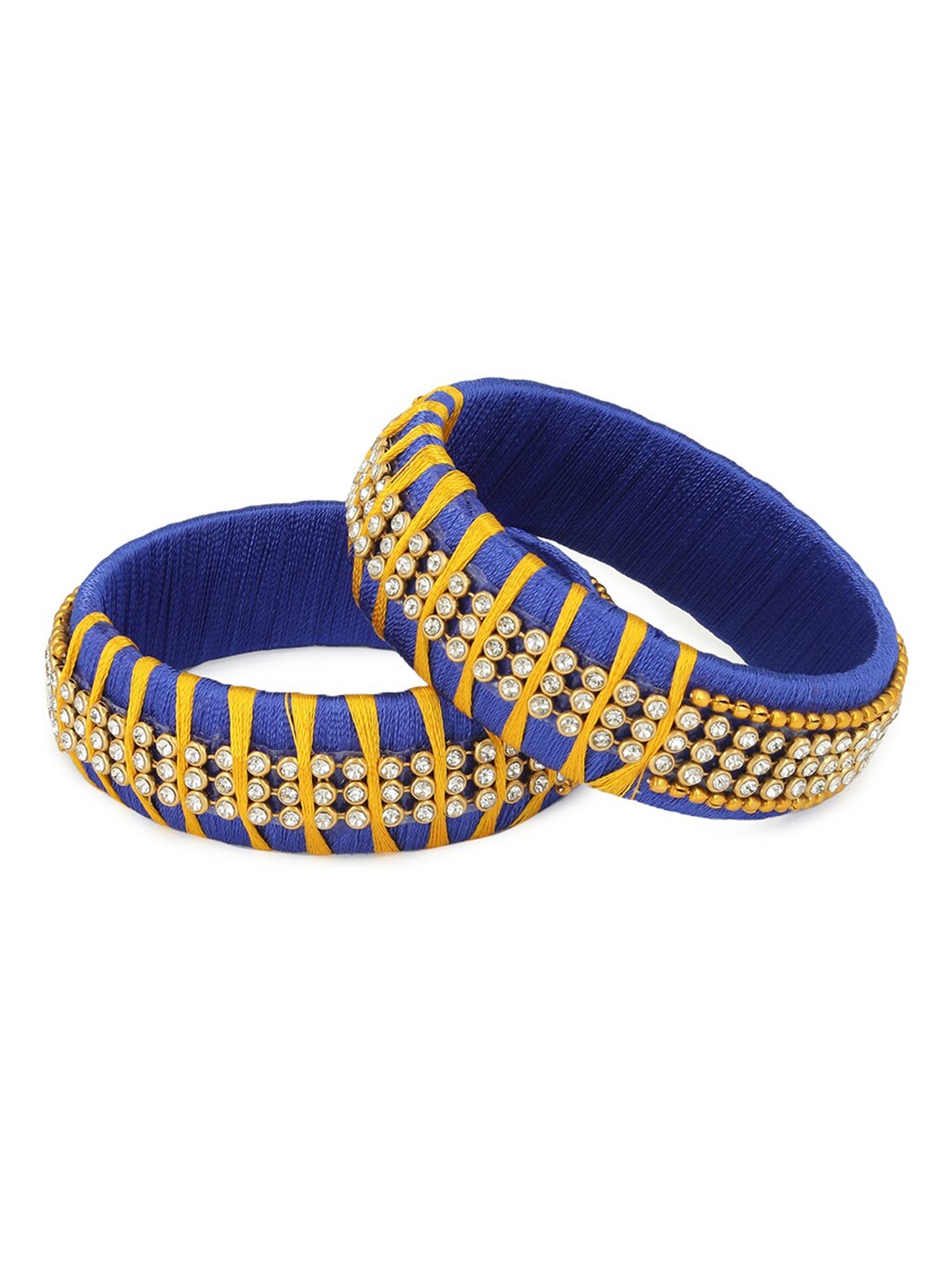 AKSHARA Set Of 2 Blue & White Stone-Studded Handcrafted Silk Thread Bangles