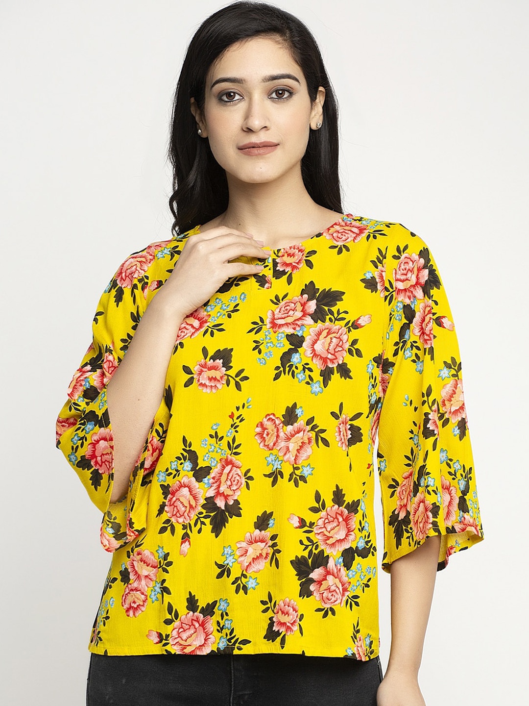 Ayaany Women Yellow Printed Pure Cotton Top