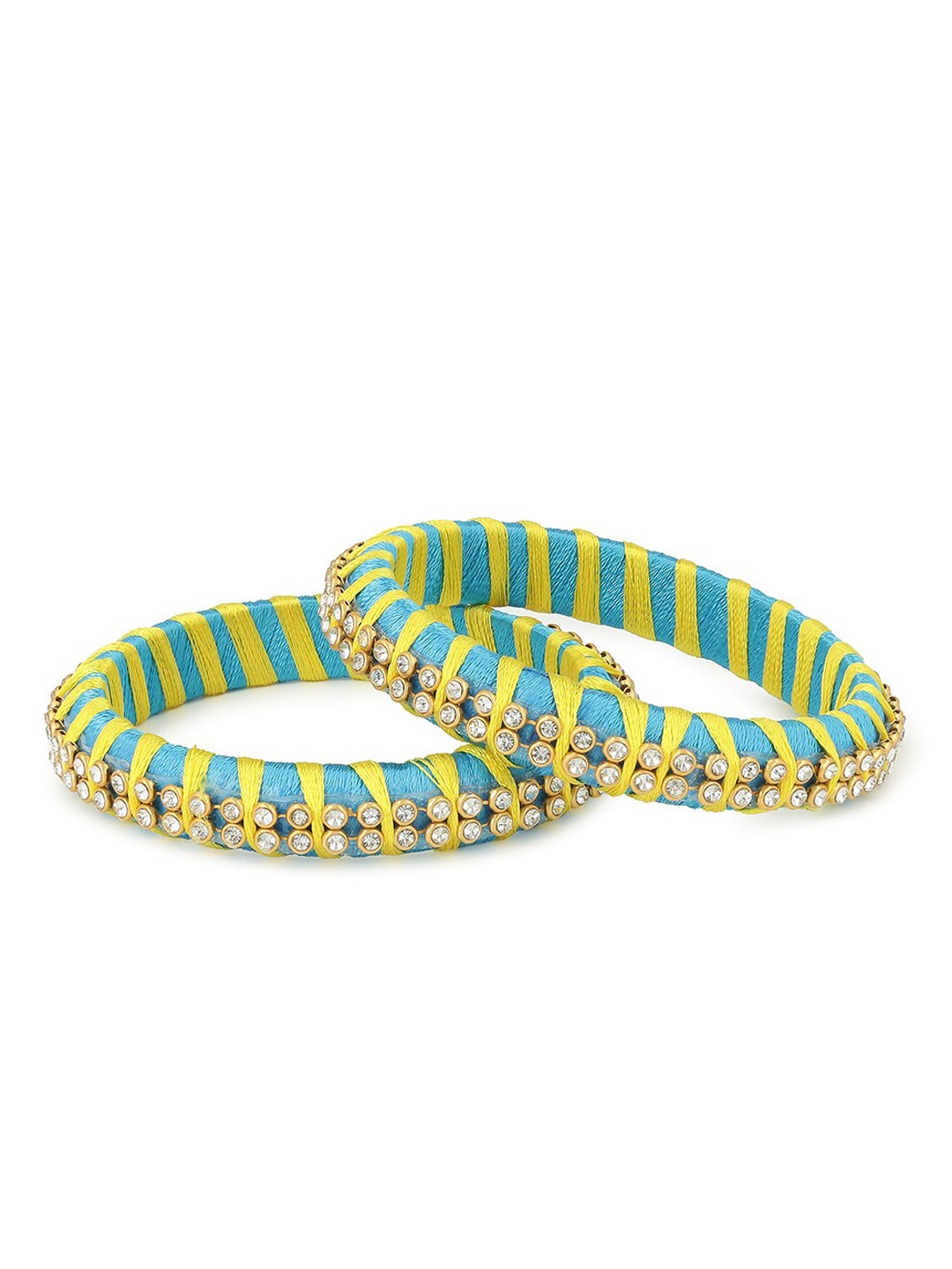 AKSHARA Girls Blue & Green Stone-Studded Handcrafted Silk Thread Bangles