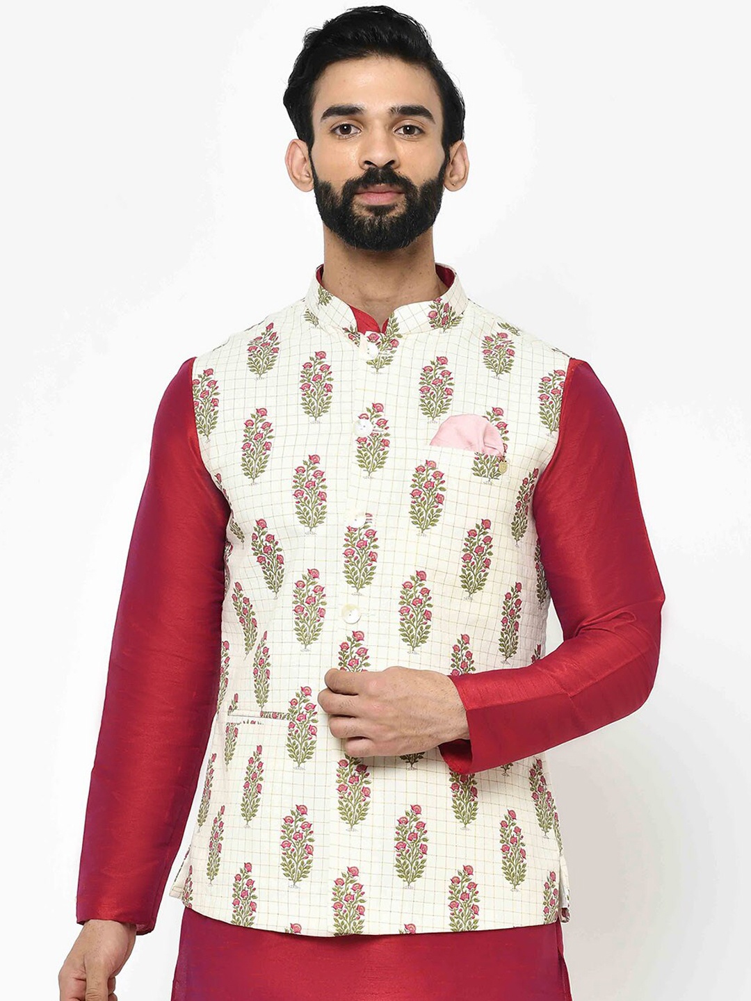 Vartah Men White & Green Printed Nehru Jacket
