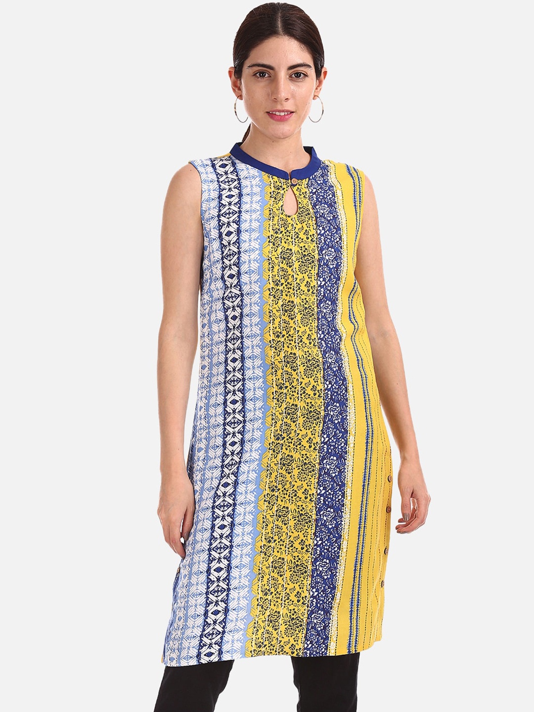 Karigari Women Yellow & Blue Printed A-Line Kurta