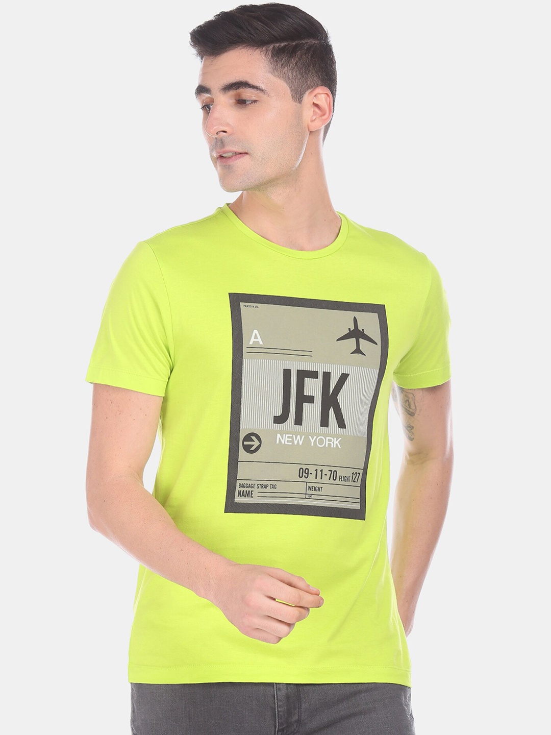 Arrow Men Lime Green & Black Printed Round Neck T-shirt