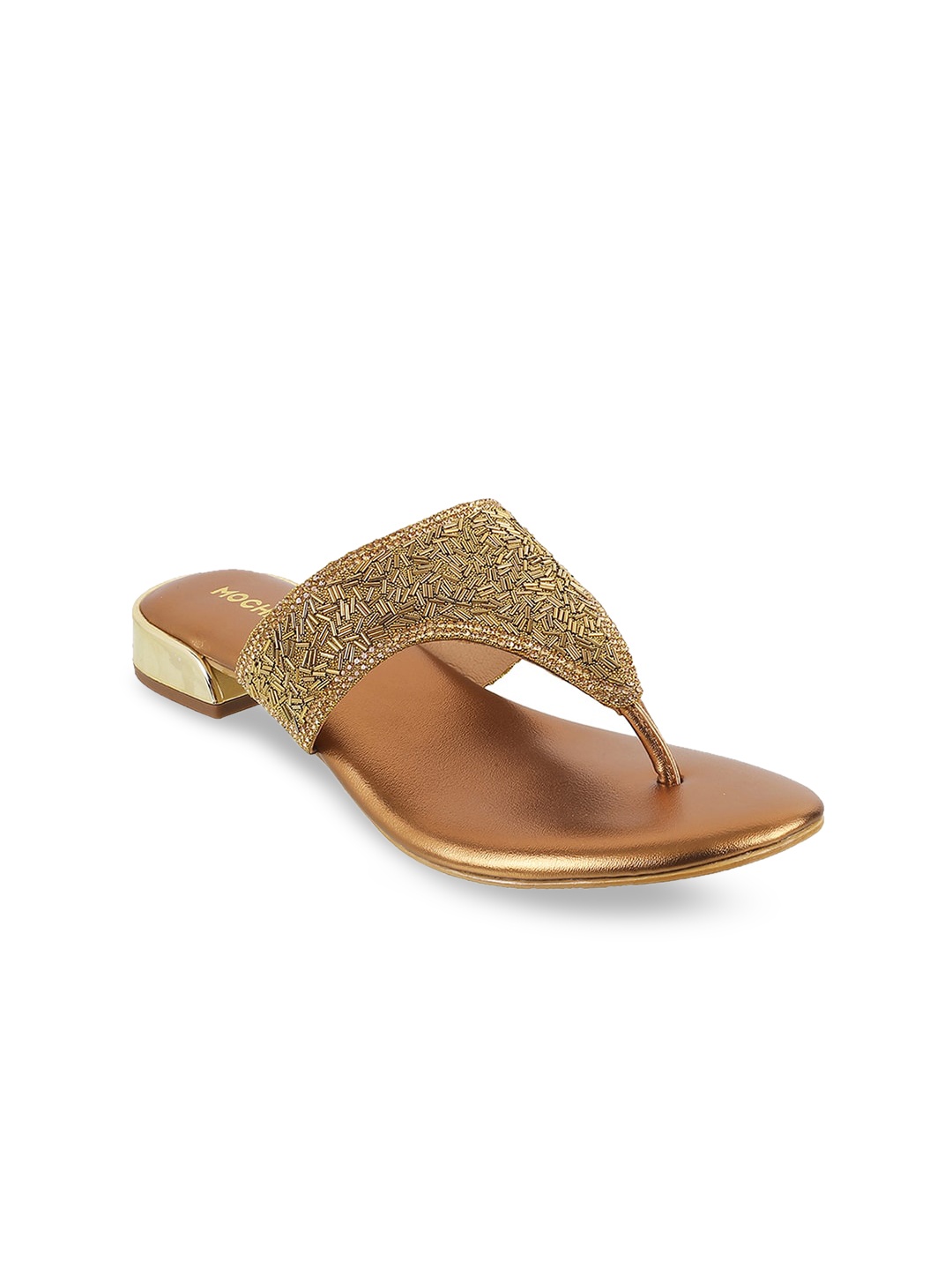 Mochi Women Gold-Toned Woven Design Comfort Heels