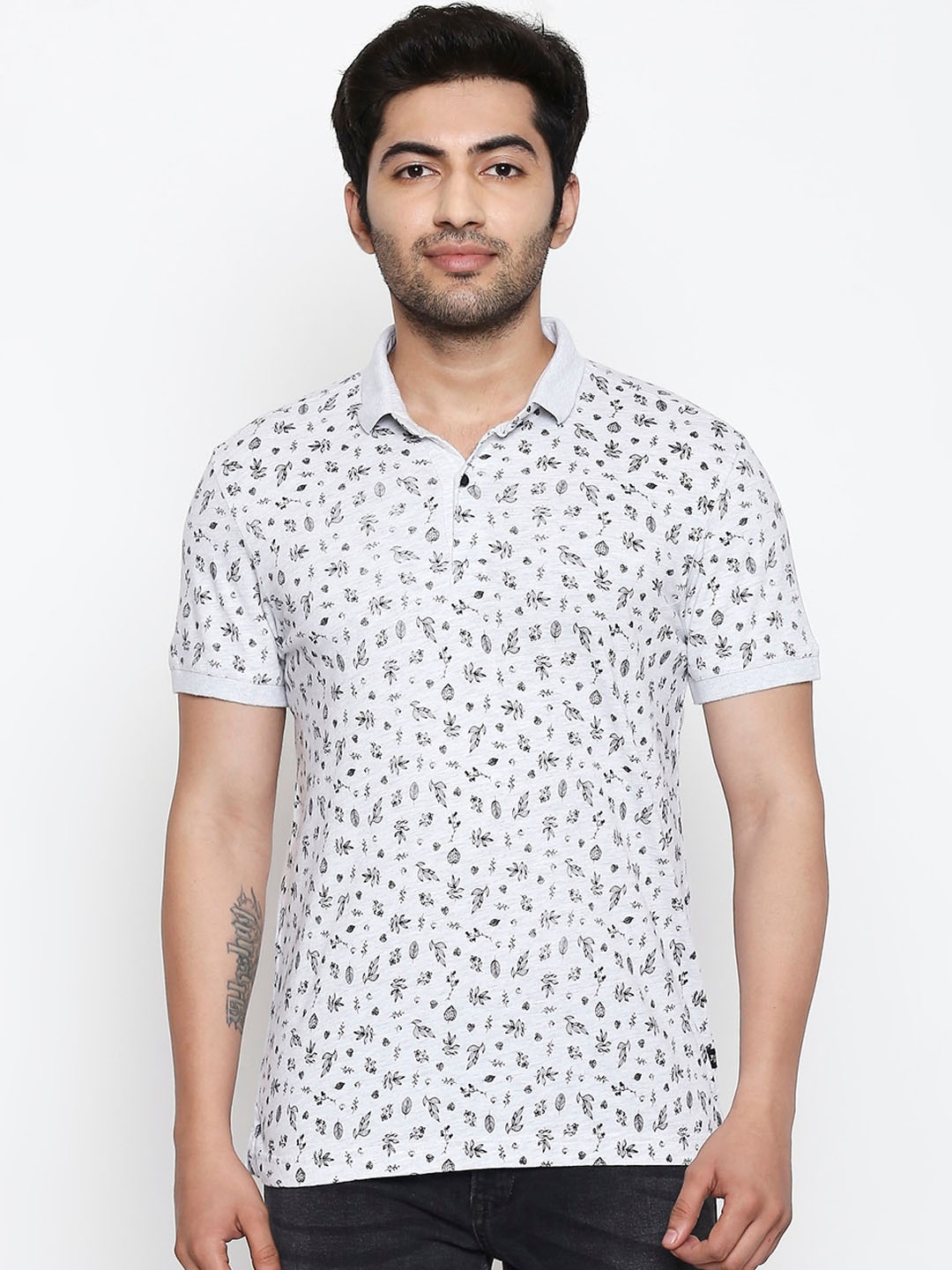 Mufti Men Grey Melange Printed Polo Collar T-shirt