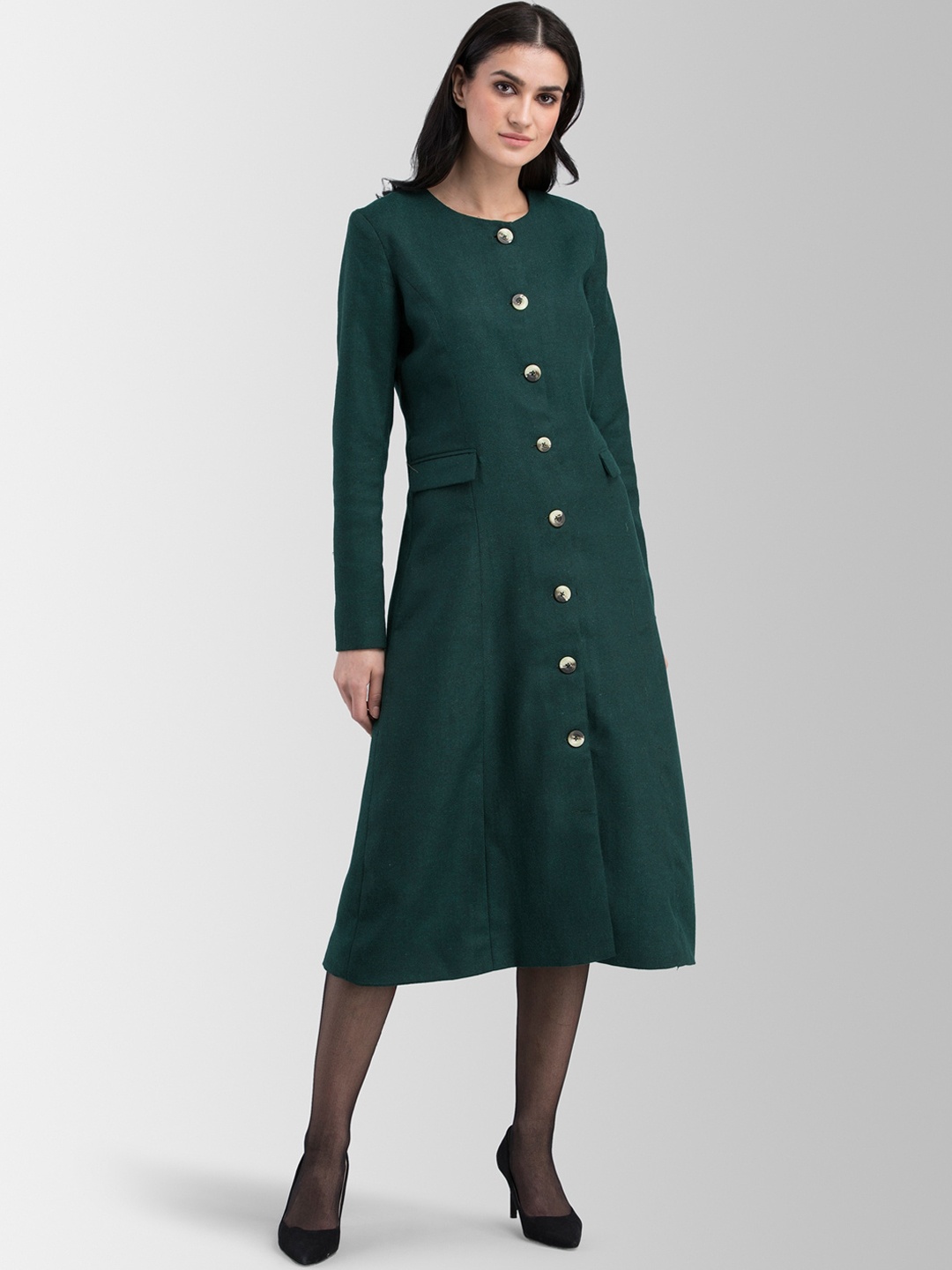 FableStreet Women Green Solid Woolen Longline Open Front Jacket