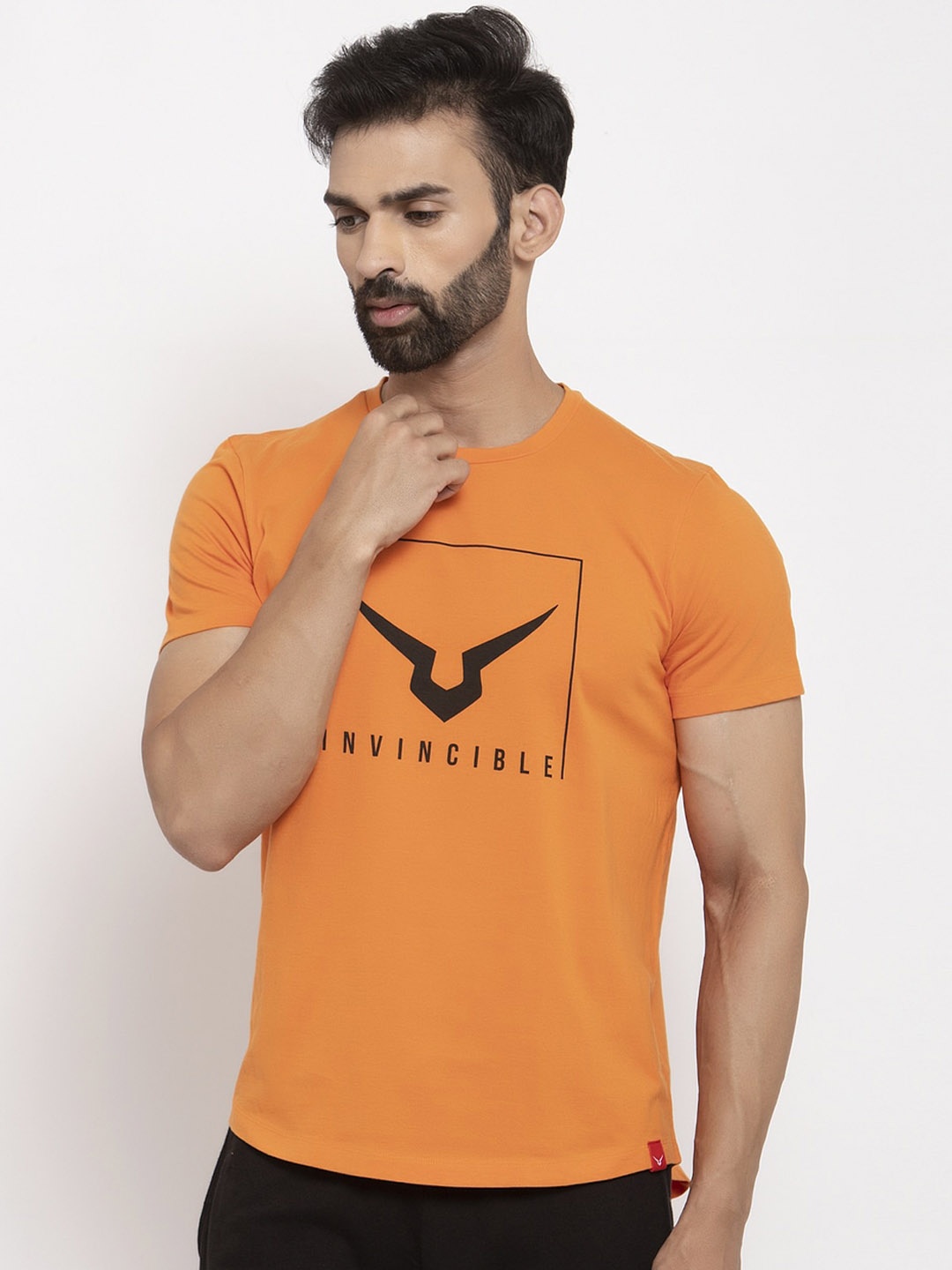 Invincible Men Orange Printed Round Neck Pure Cotton T-shirt