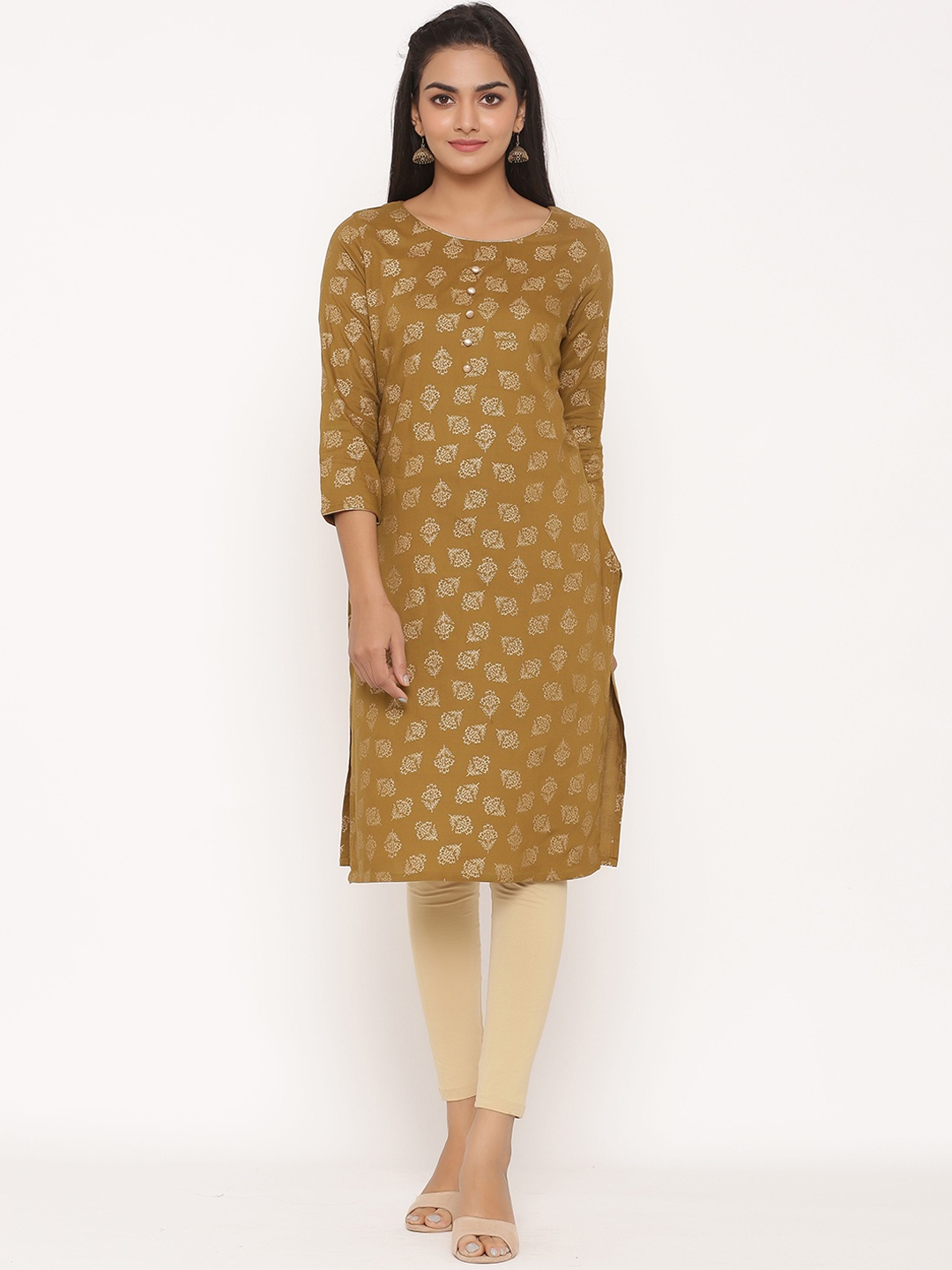 fabGLOBAL Women Brown Printed Straight Kurta
