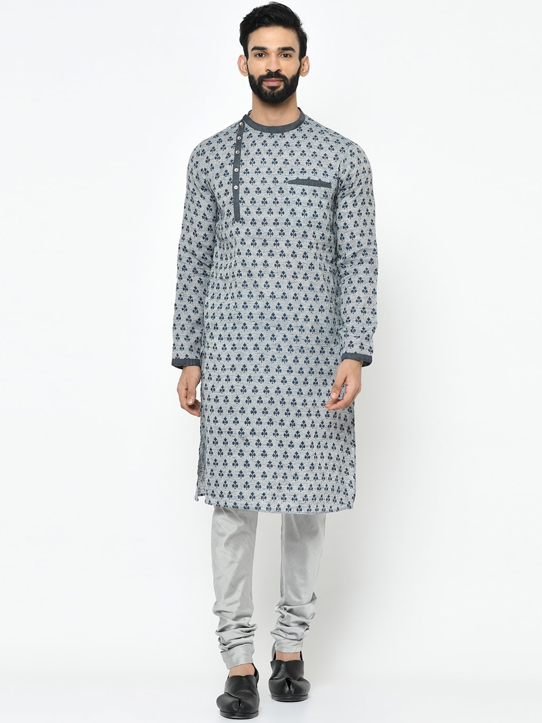 Vartah Men Grey & Blue Woven Design Straight Kurta