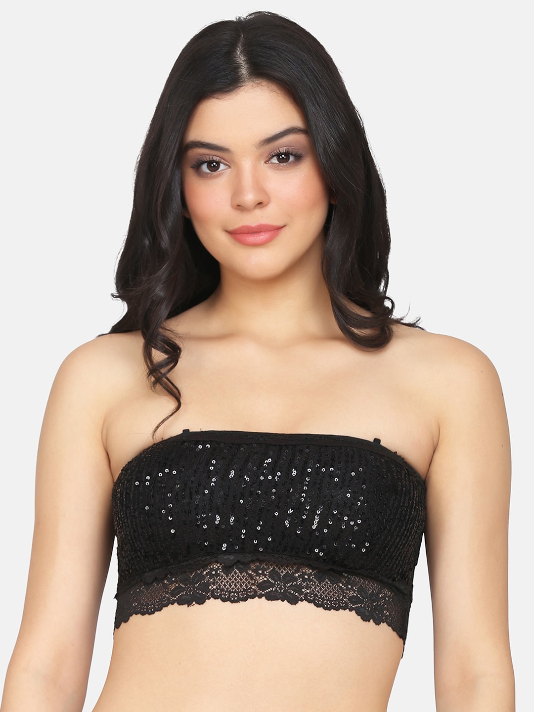 Da Intimo Black Sequined Non-Wired Lightly Padded Bralette Bra DI-1304 BLACK-F20