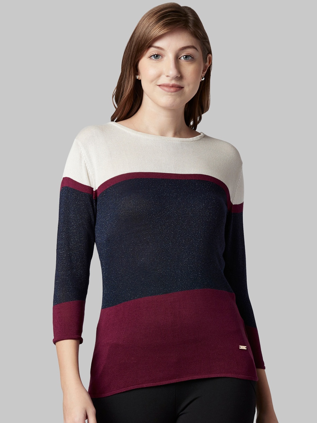 Park Avenue Woman Women Blue & Maroon Colourblocked Pullover Sweater, Cream