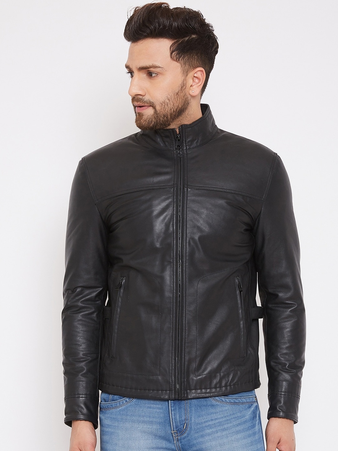 Justanned Men Black Solid Lightweight Leather Jacket