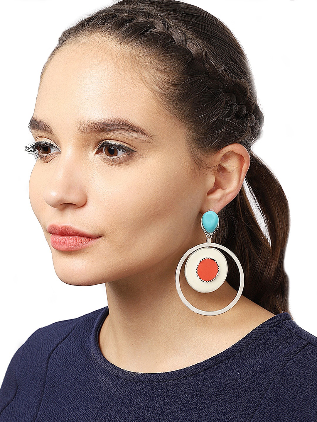 Golden Peacock Silver-Toned & Red Handcrafted Circular Drop Earrings