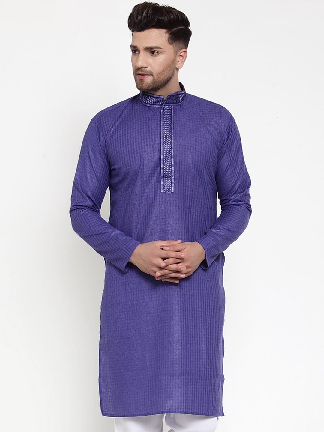 Jompers Men Purple Checked Straight Kurta