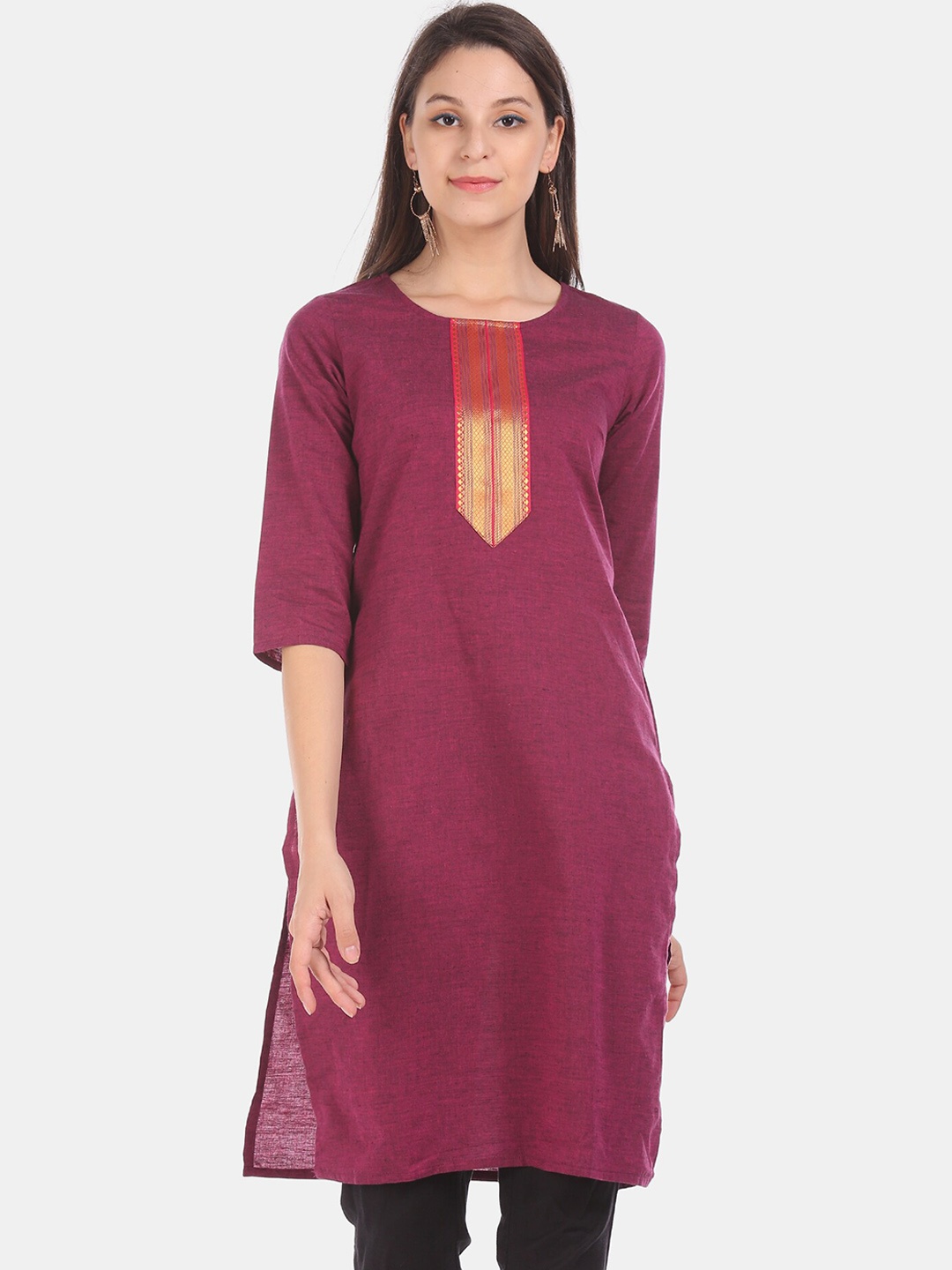 Karigari Women Pink & Gold-Toned Yoke Design Straight Kurta