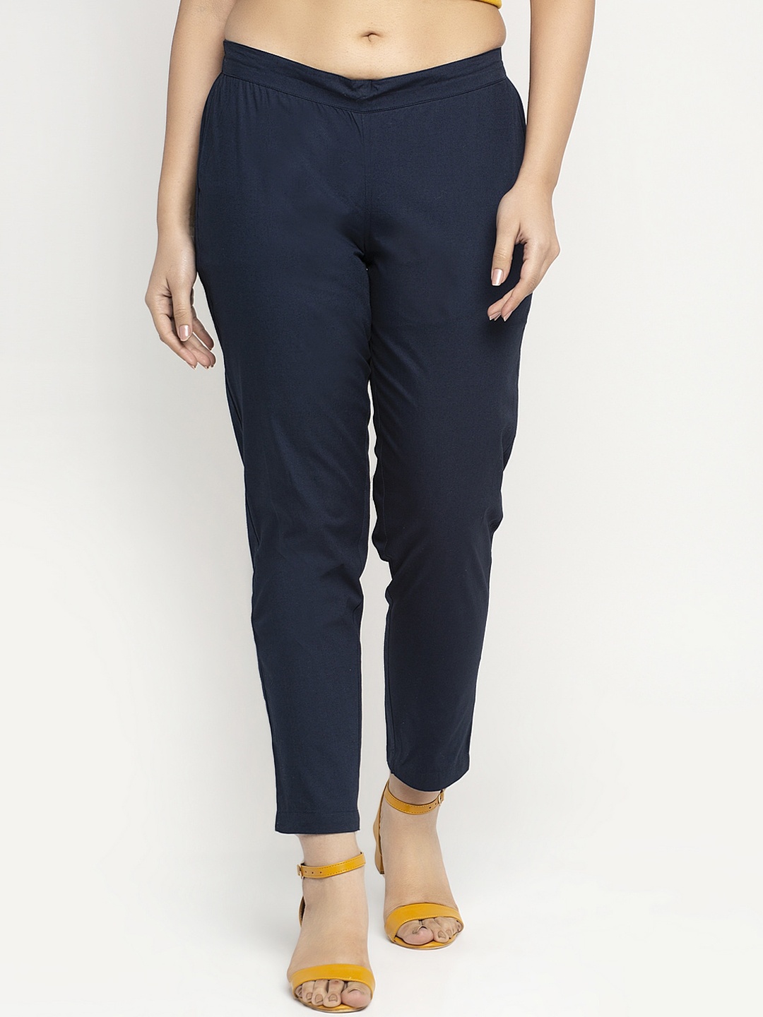 Ayaany Women Navy Blue Regular Fit Solid Cigarette Trousers