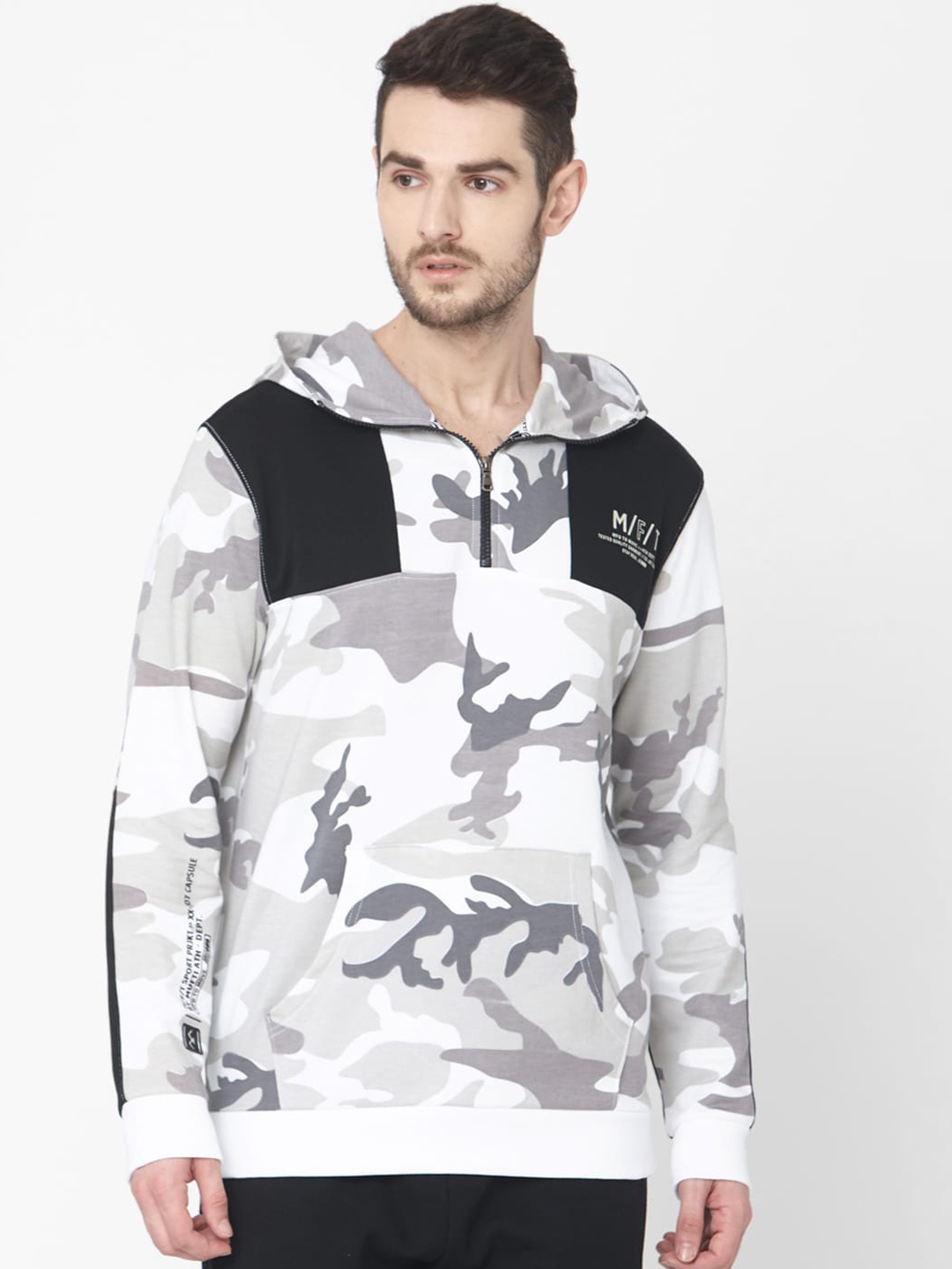 Mufti Men White Grey Printed Hood Pure Cotton T-shirt