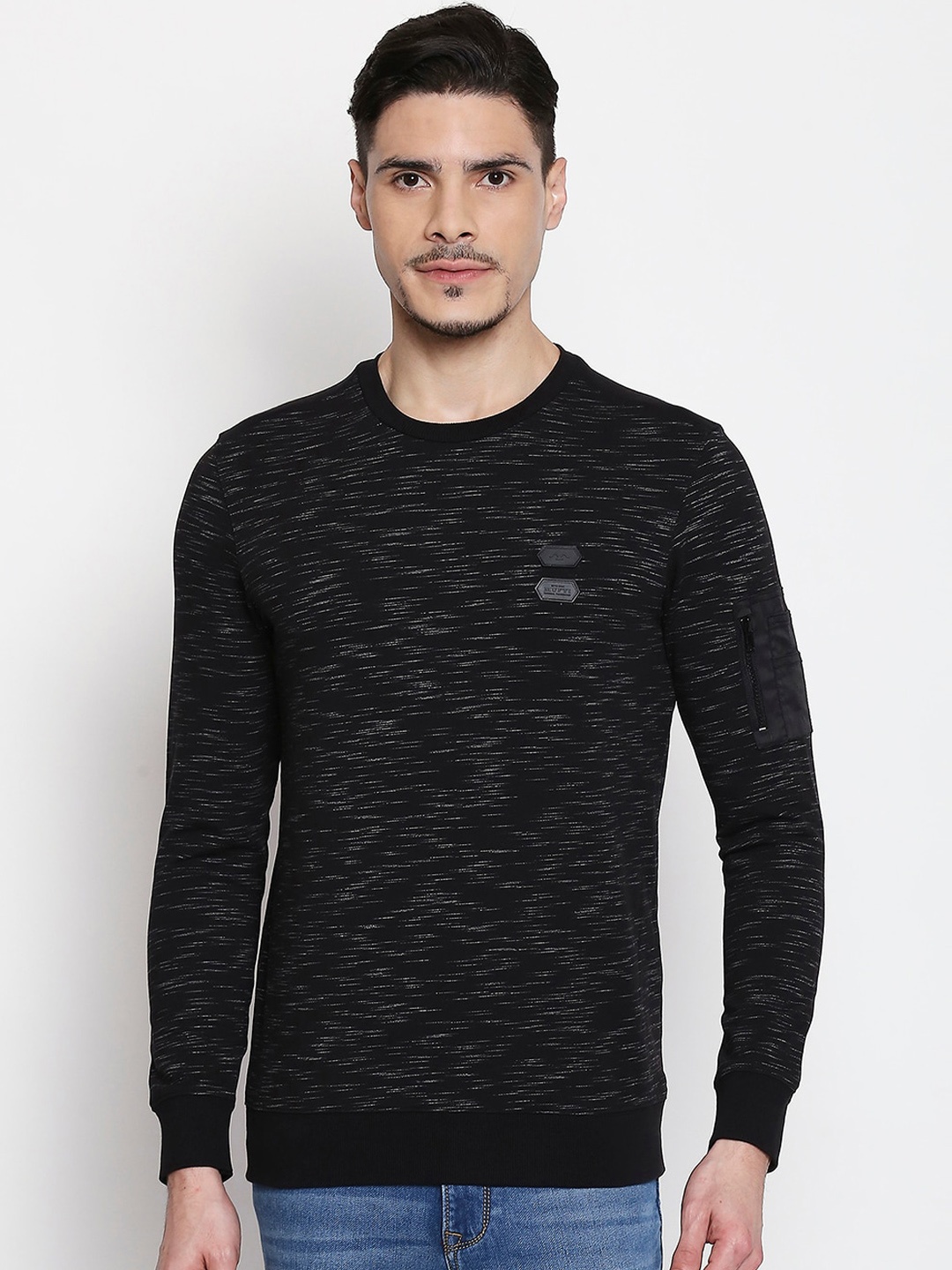 Mufti Men Black Self Design Round Neck T-shirt