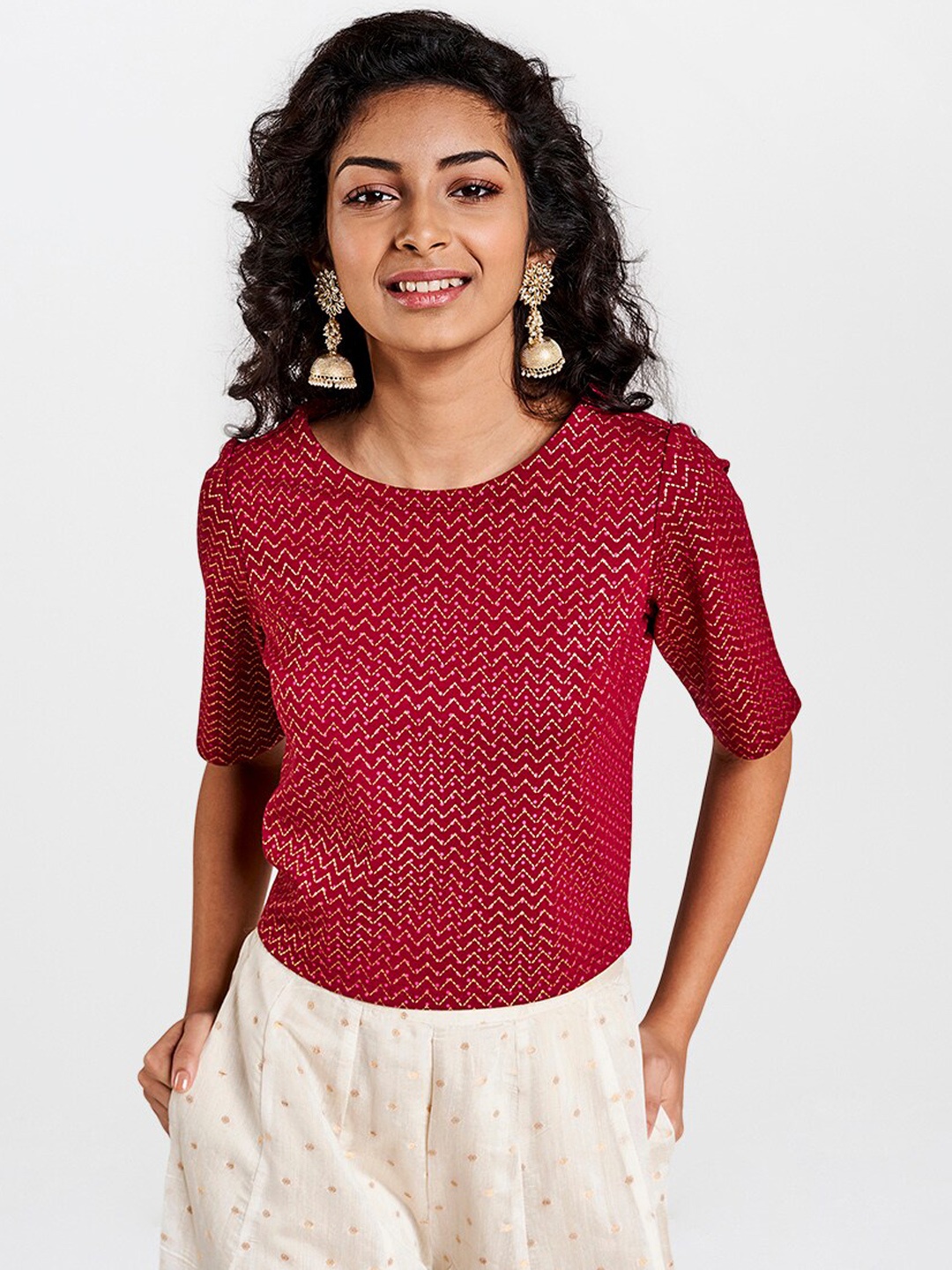 Global Desi Women Maroon Solid Top