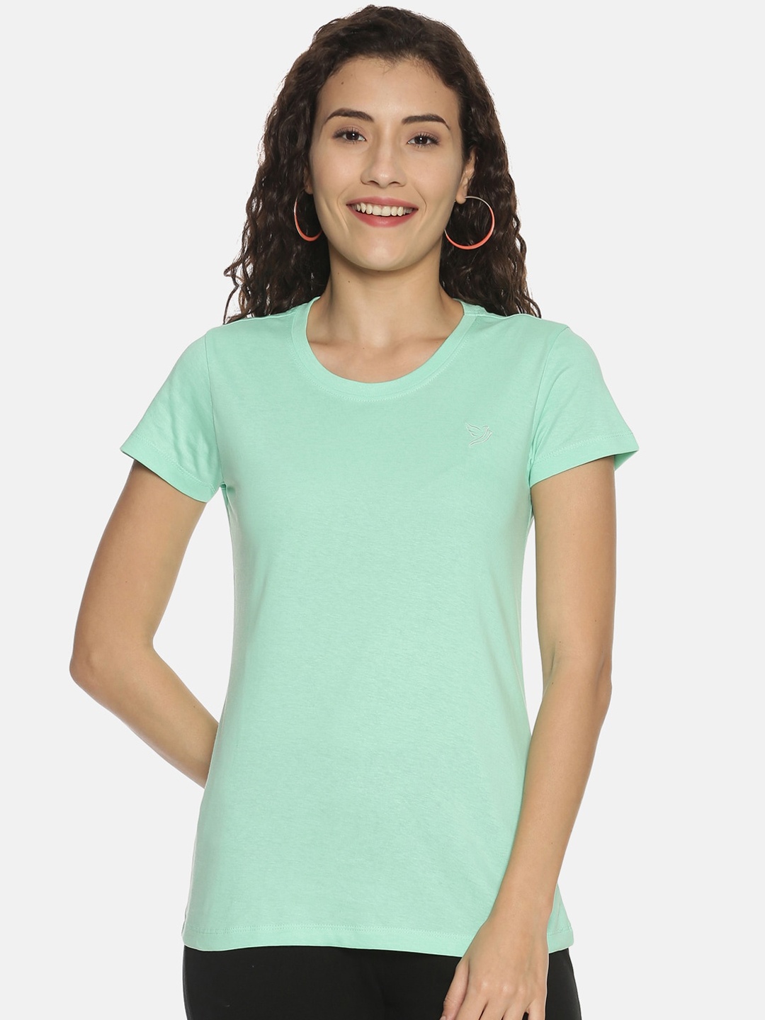 TWIN BIRDS Women Green Solid Round Neck T-shirt