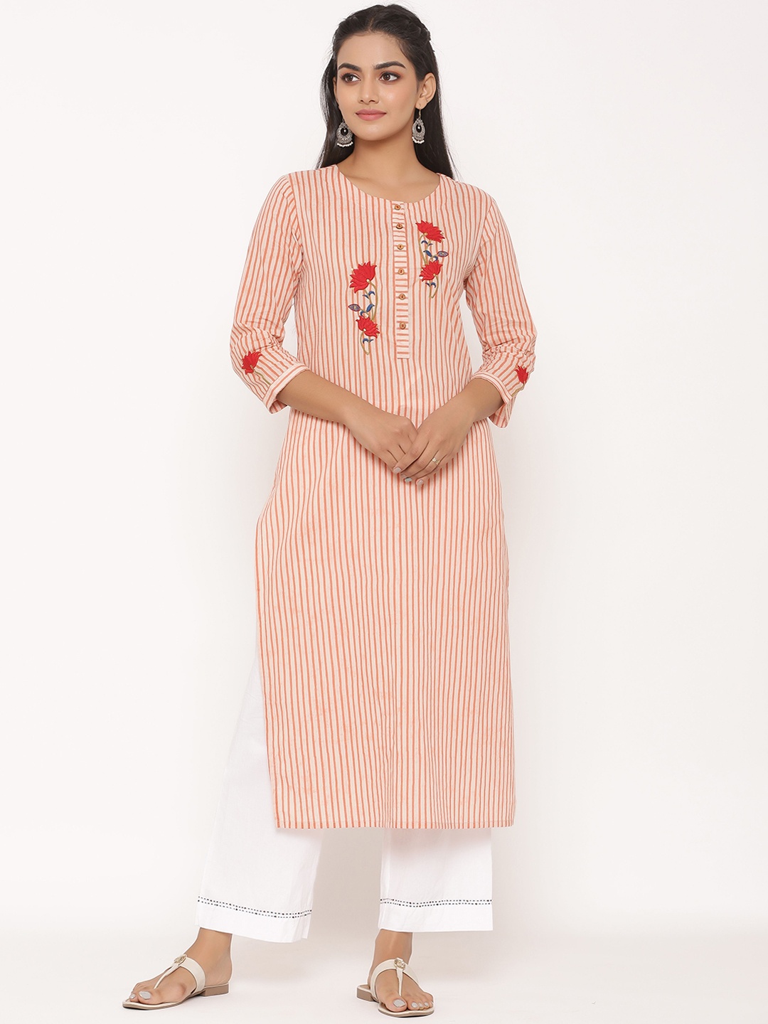 fabGLOBAL Women Pink & White Printed Kurta with Palazzos