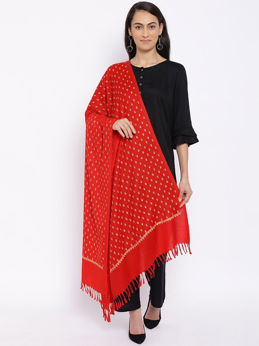 Pashmoda Women Red & Gold-colour Hand Embroidered Pure Wool Shawl