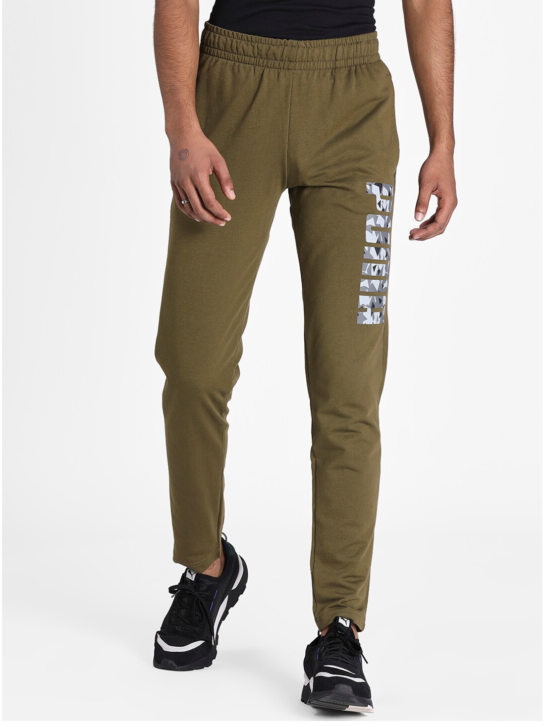 Puma Men Olive Green & Grey Camo Logo Printed Track Pants