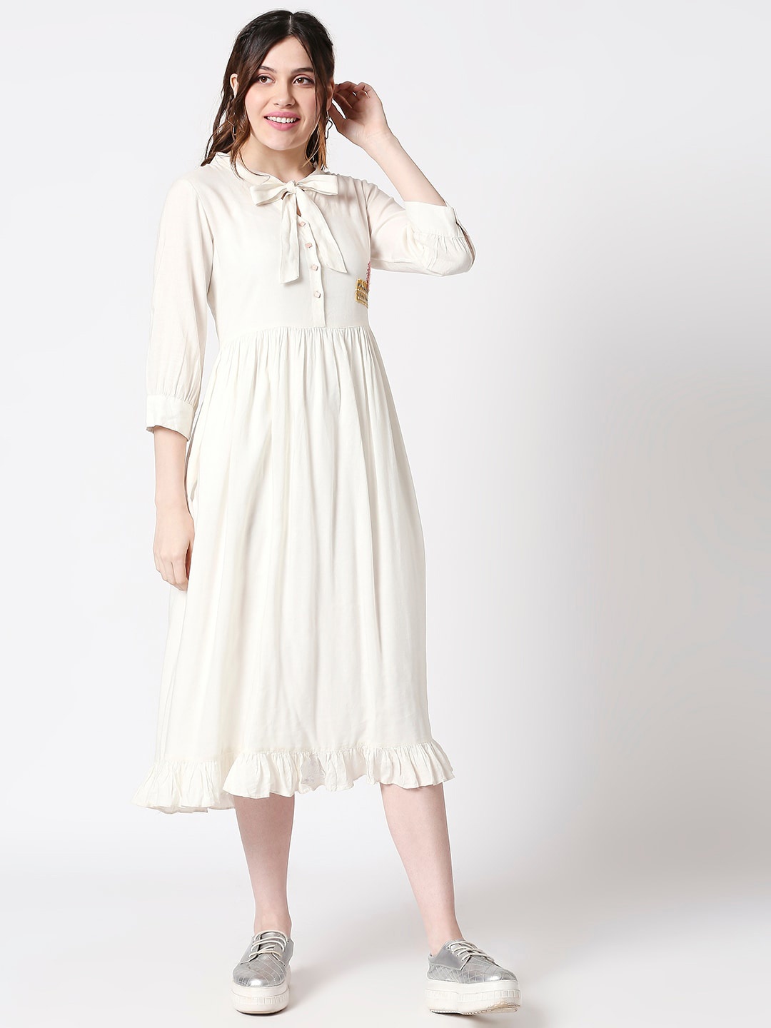 TERQUOIS Women Off-White Solid A-Line Dress