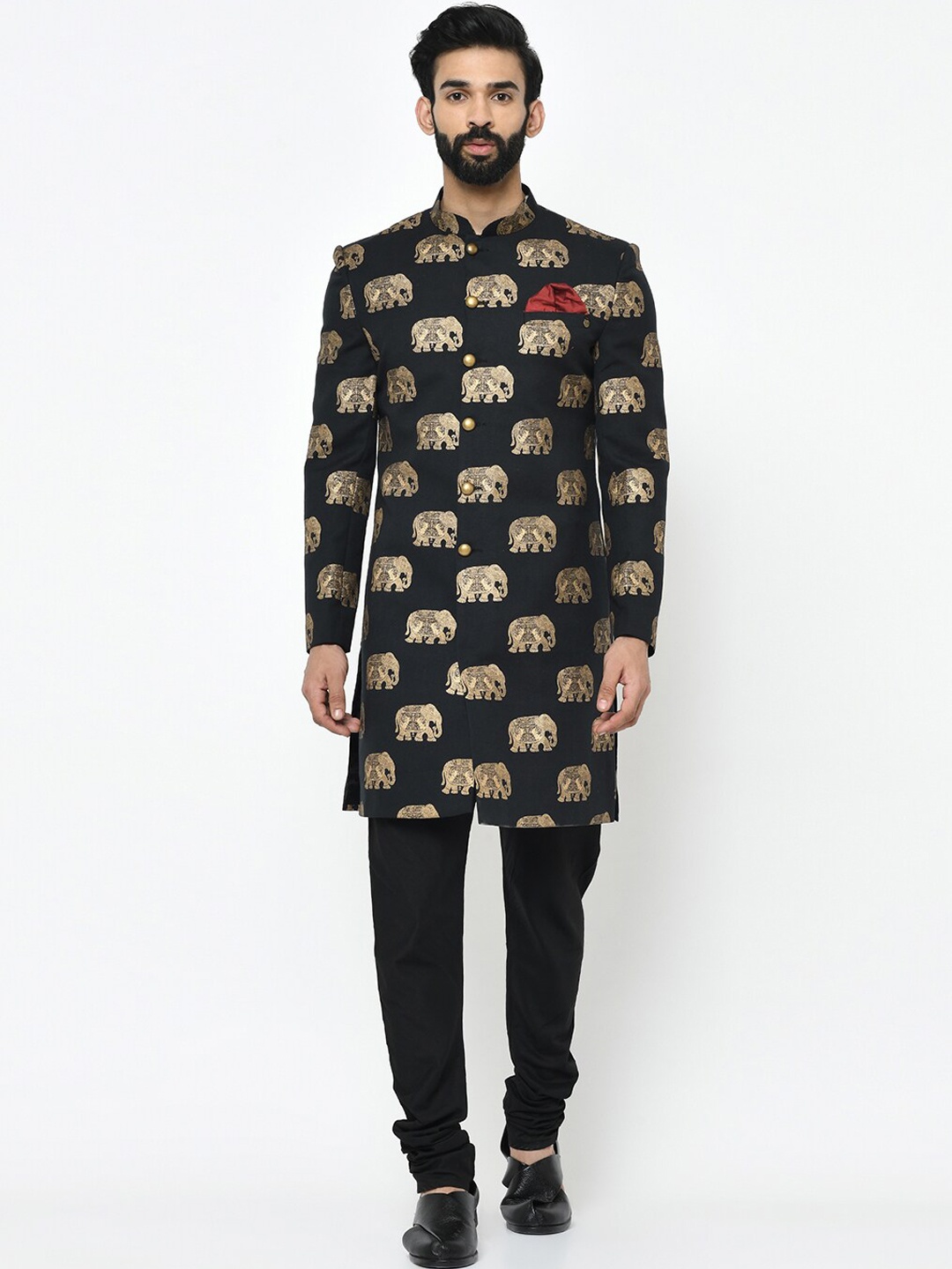 Vartah Men Black & Gold-Coloured Printed Sherwani Set