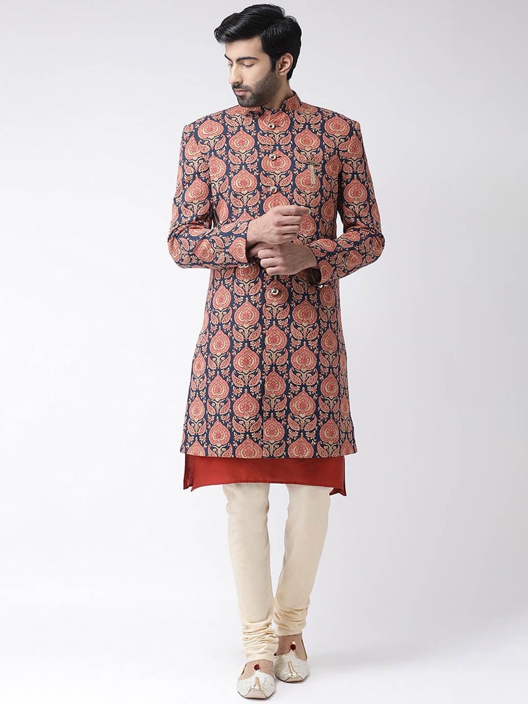 Vartah Men Navy Blue & Red Printed Sherwani Set
