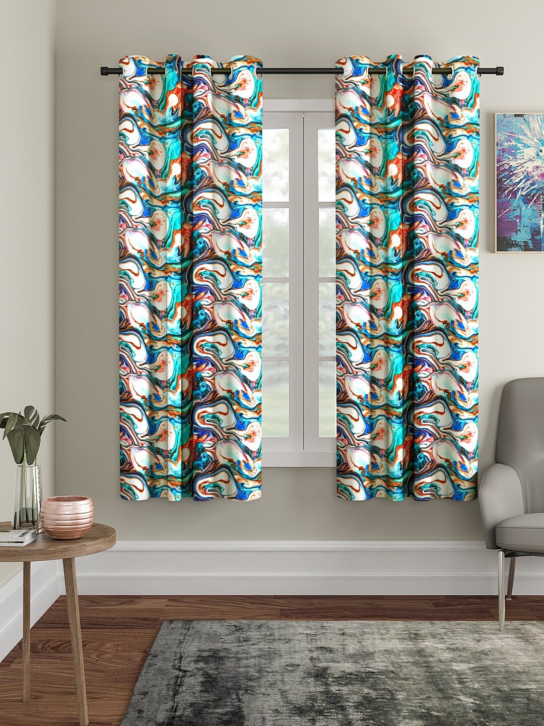 Cortina Aqua blue & White Set of 2 Digital Printed Window Curtains