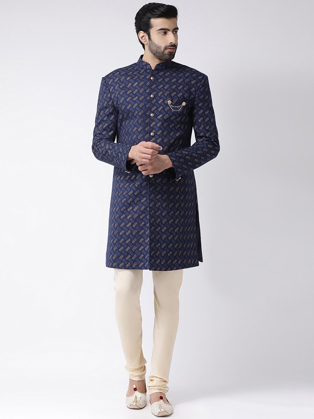 Vartah Men Navy Blue Printed Sherwani