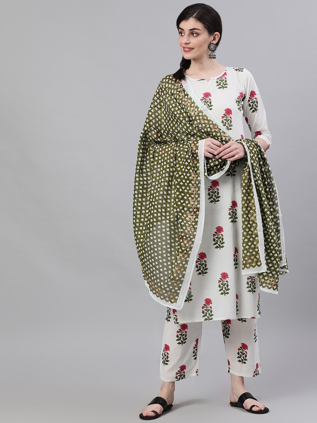 Nayo Women White & Green Printed Kurta with Trousers & Dupatta