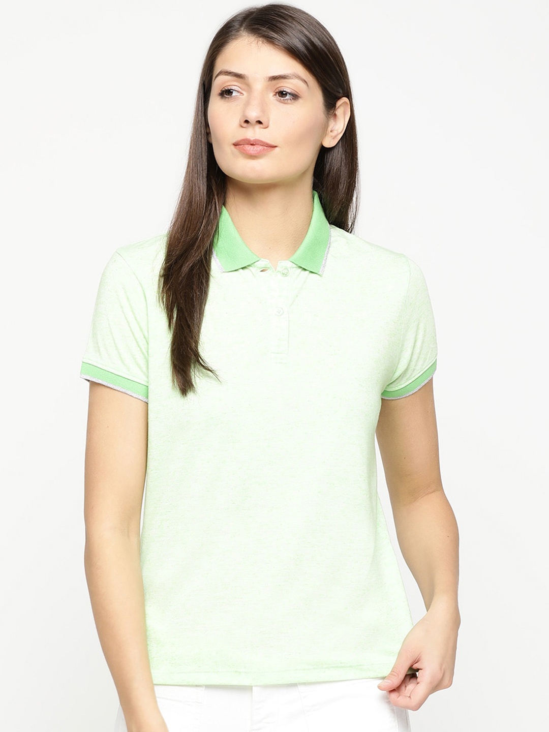 Pepe Jeans Women Green Solid Polo Collar T-shirt