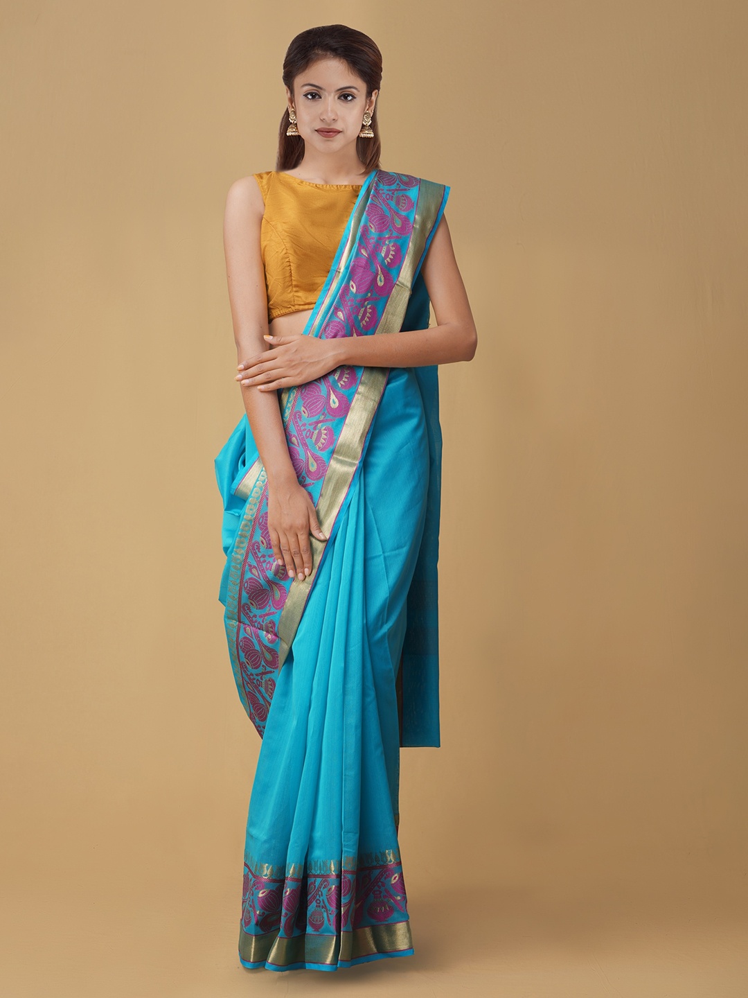 Unnati Silks Blue Silk Cotton Solid Banarasi Saree