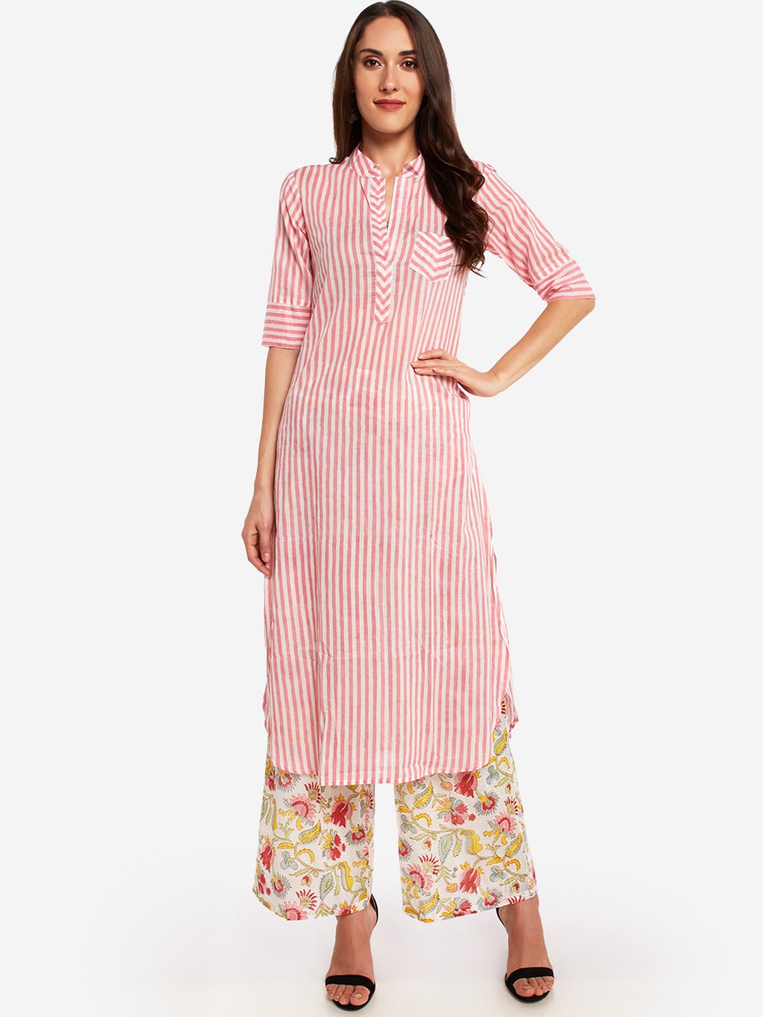 Desi Weavess Women Pink Striped Straight Kurta