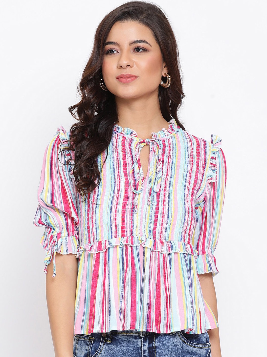 Oxolloxo Women Multicoloured Striped A-Line Top, Multi