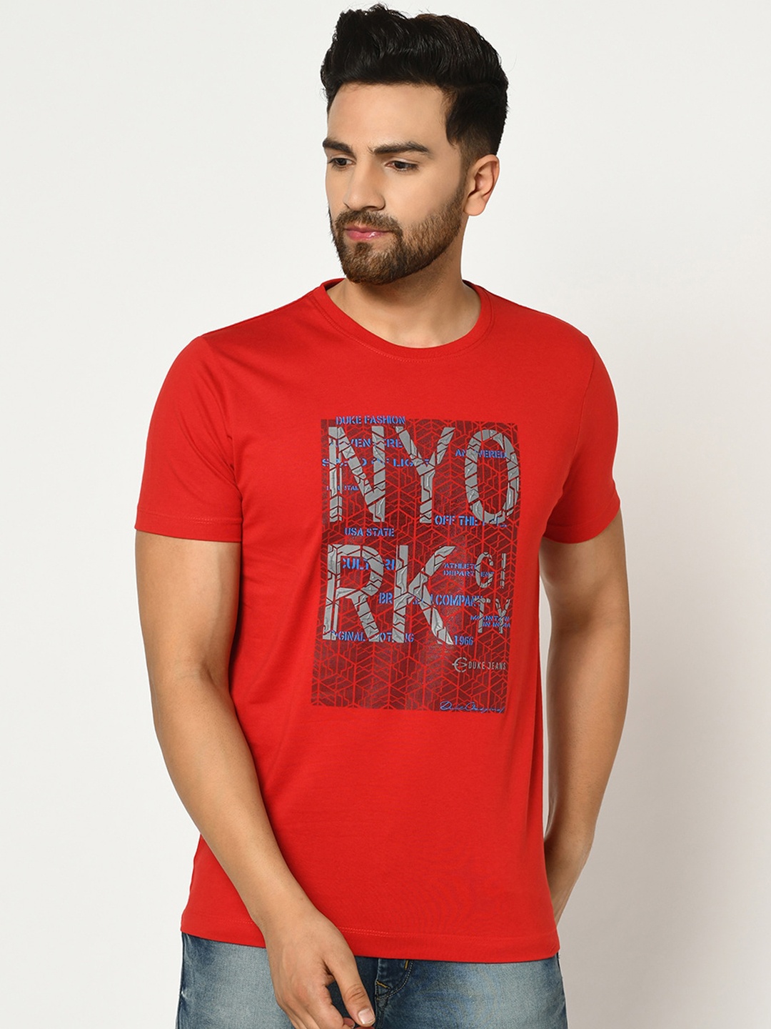 Duke Men Red Printed Round Neck T-shirt