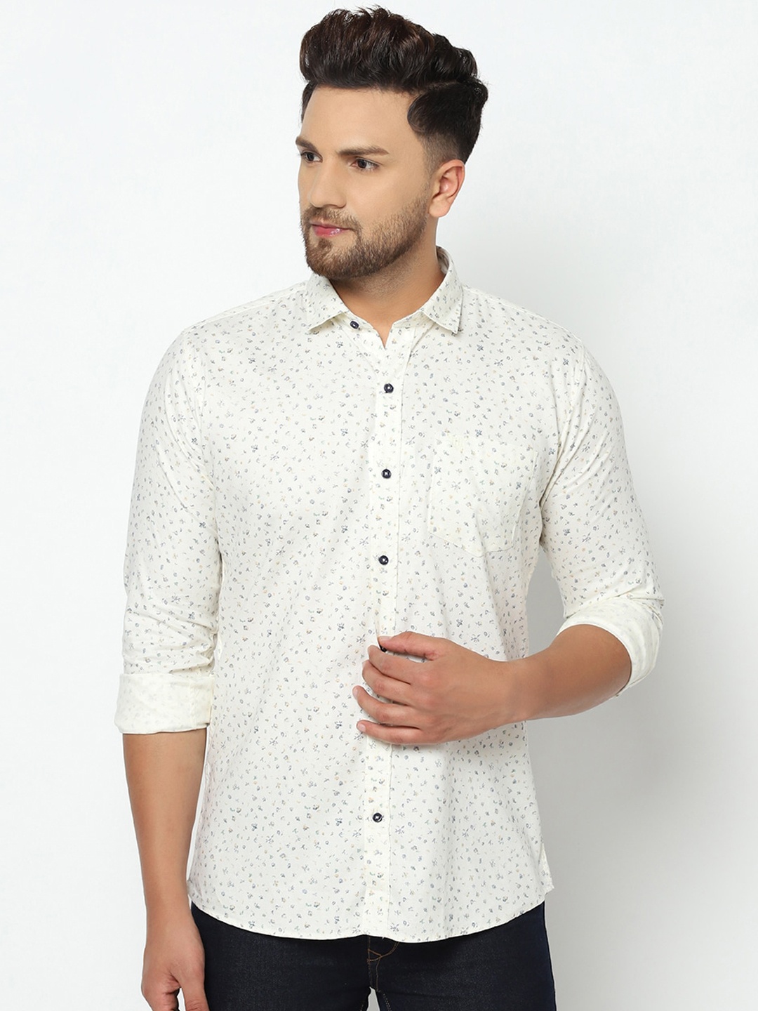 Duke Men Cream-Coloured Regular Fit Printed Casual Shirt