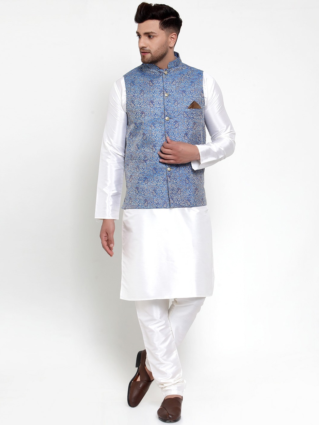 Jompers Men White & Blue Solid Kurta with Churidar & Nehru Jacket
