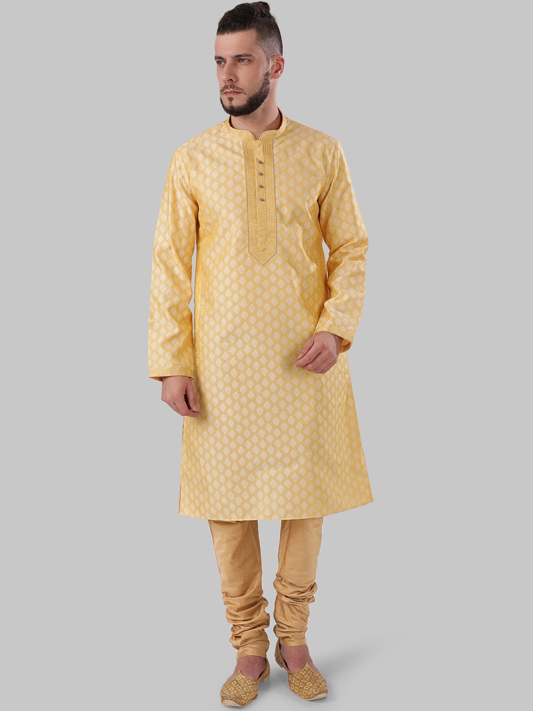 Ethnix by Raymond Men Yellow Woven Design Straight Kurta