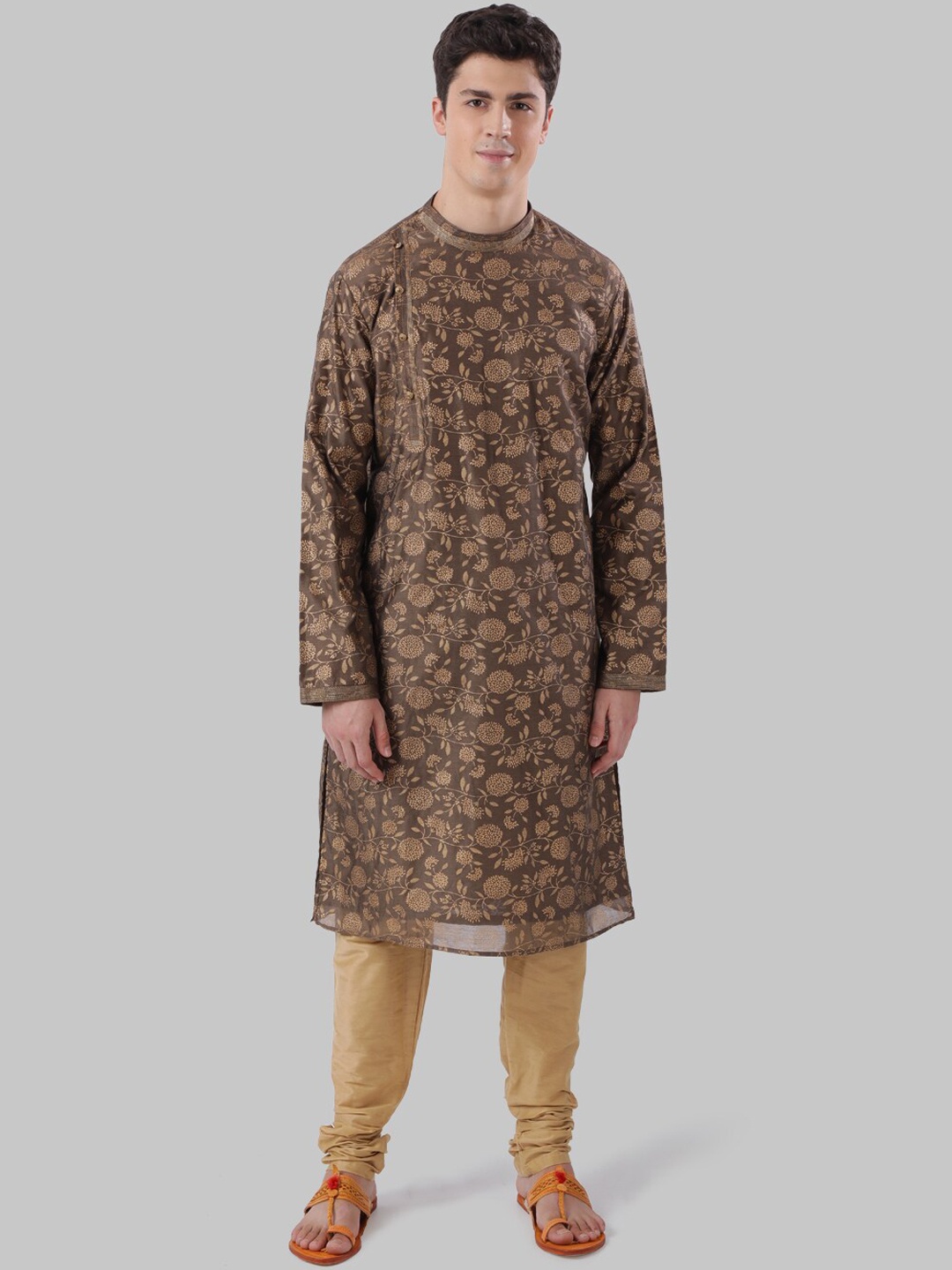 Ethnix by Raymond Men Brown Woven Design Straight Kurta