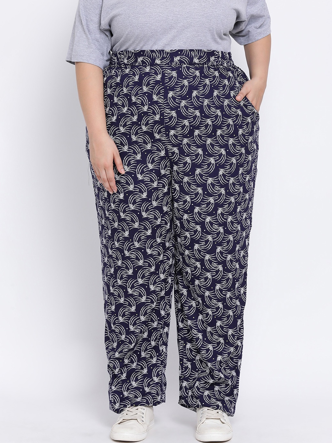 Oxolloxo Women Navy Blue Regular Fit Printed Regular Trousers