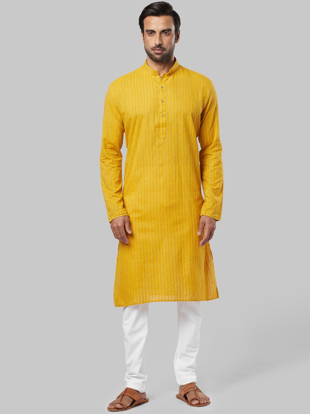 Ethnix by Raymond Men Yellow Striped Straight Kurta