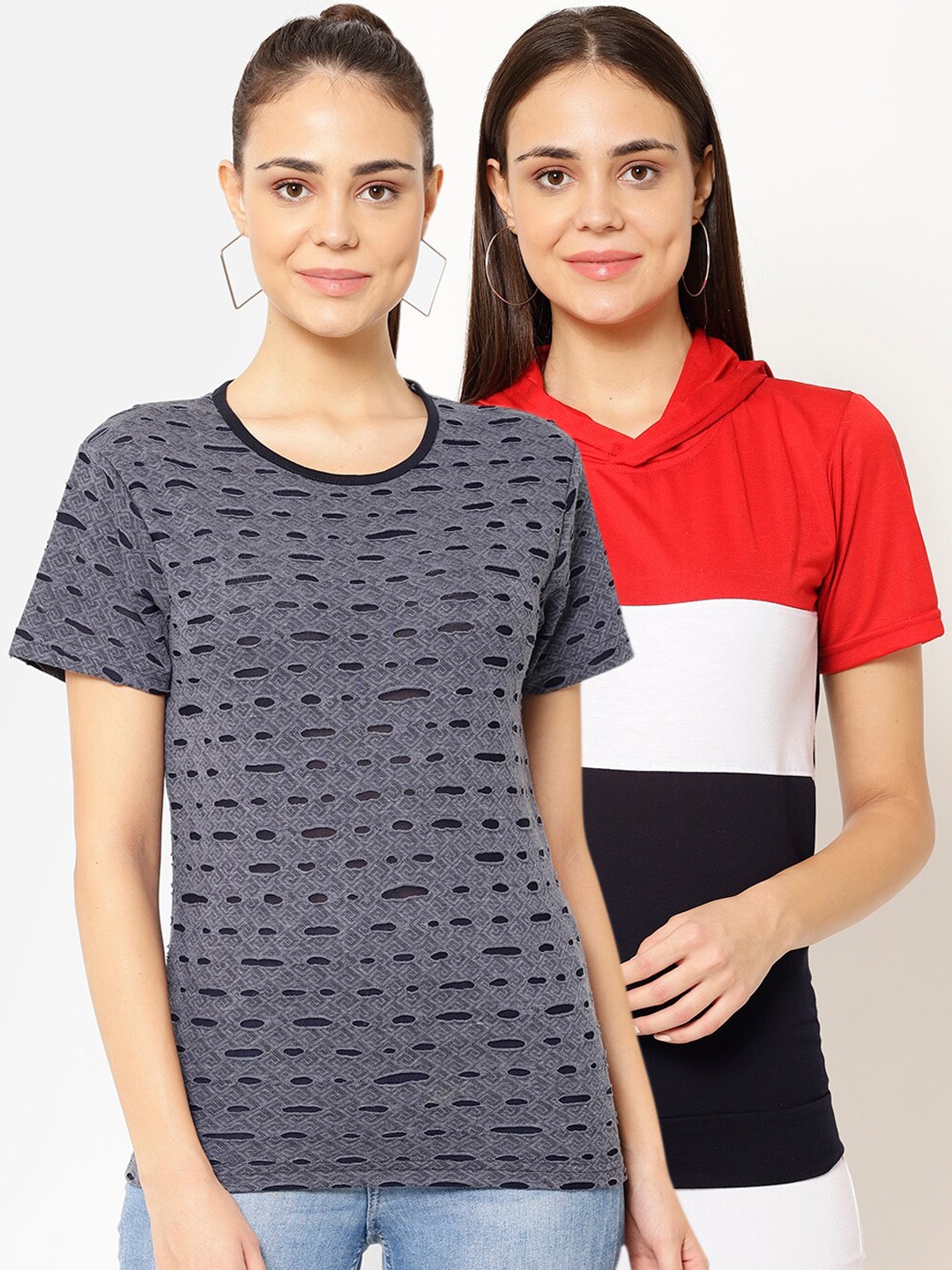VIMAL JONNEY Women Pack of 2 Colourblocked T-shirts, Multi