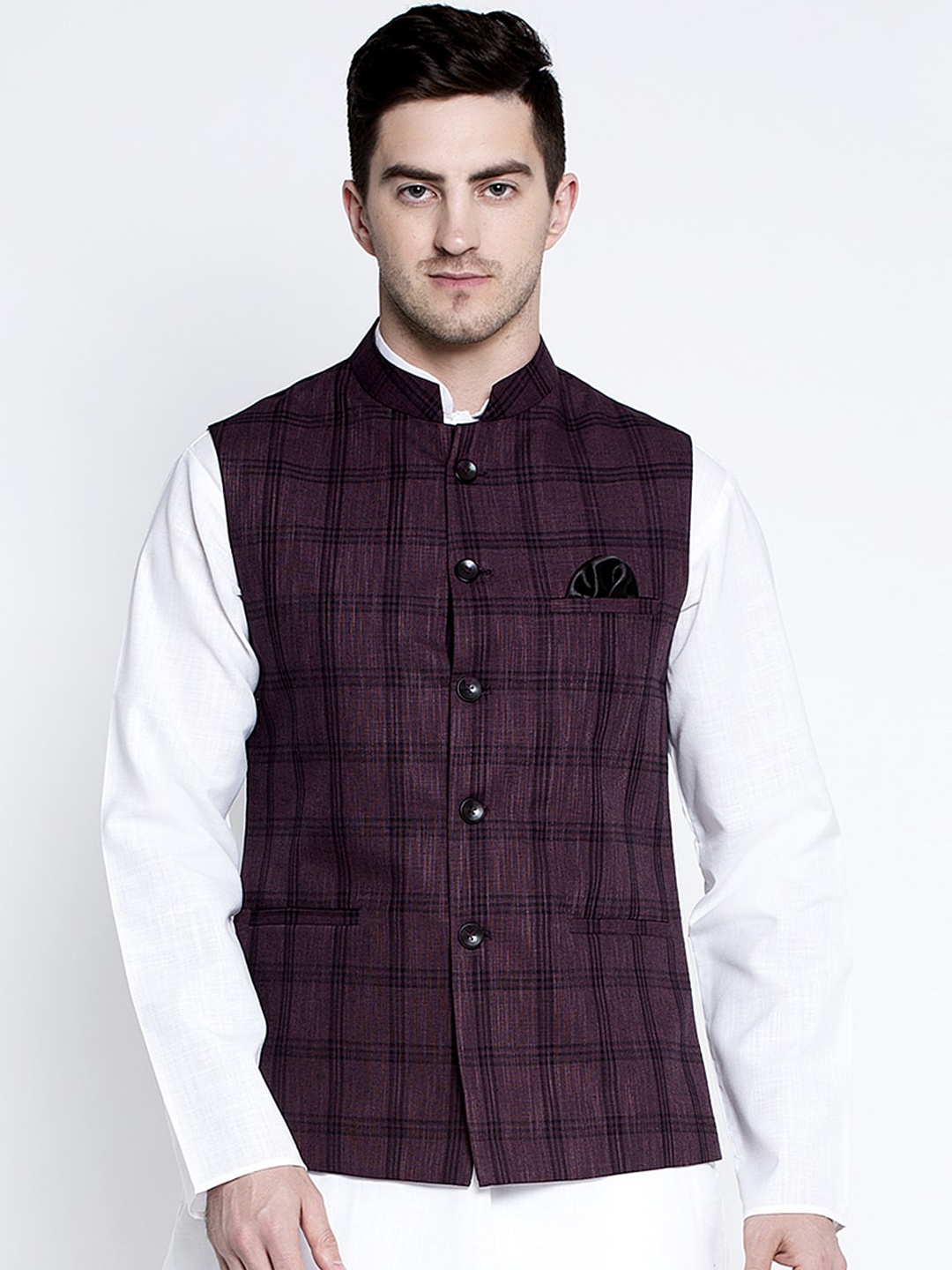MAXENCE Men Purple & Black Woven Checked Pure Cotton Nehru Jacket