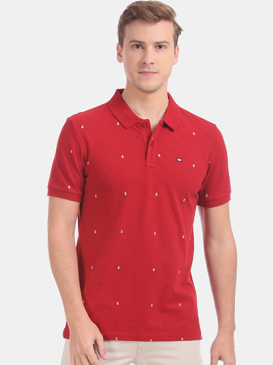 Arrow Men Red & White Printed Polo Collar T-shirt